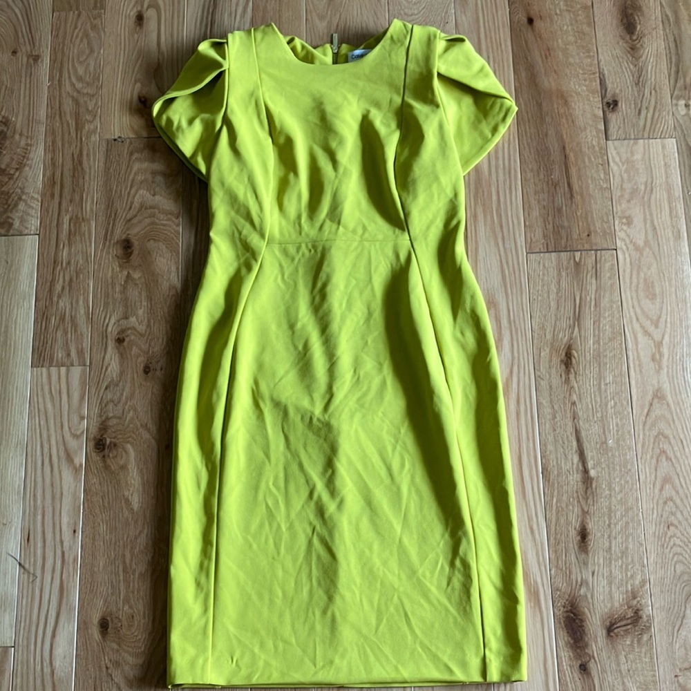 Calvin Klein Chartreuse Sheath Dress with Puff Cap Sleeves
